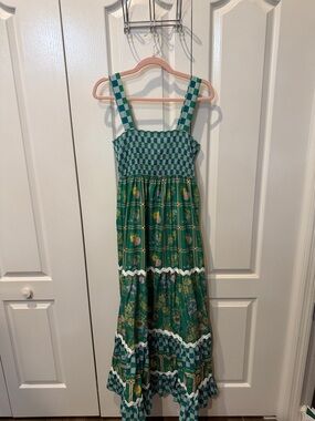 Green Check & Floral Tiered Maxi Dress Sz M